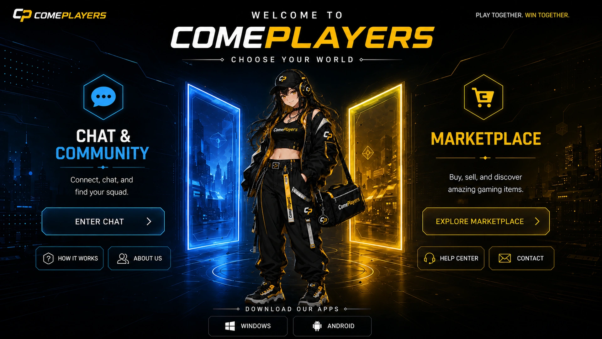 ComePlayers portal menu featuring the official Alexia between Chat and Community and Marketplace