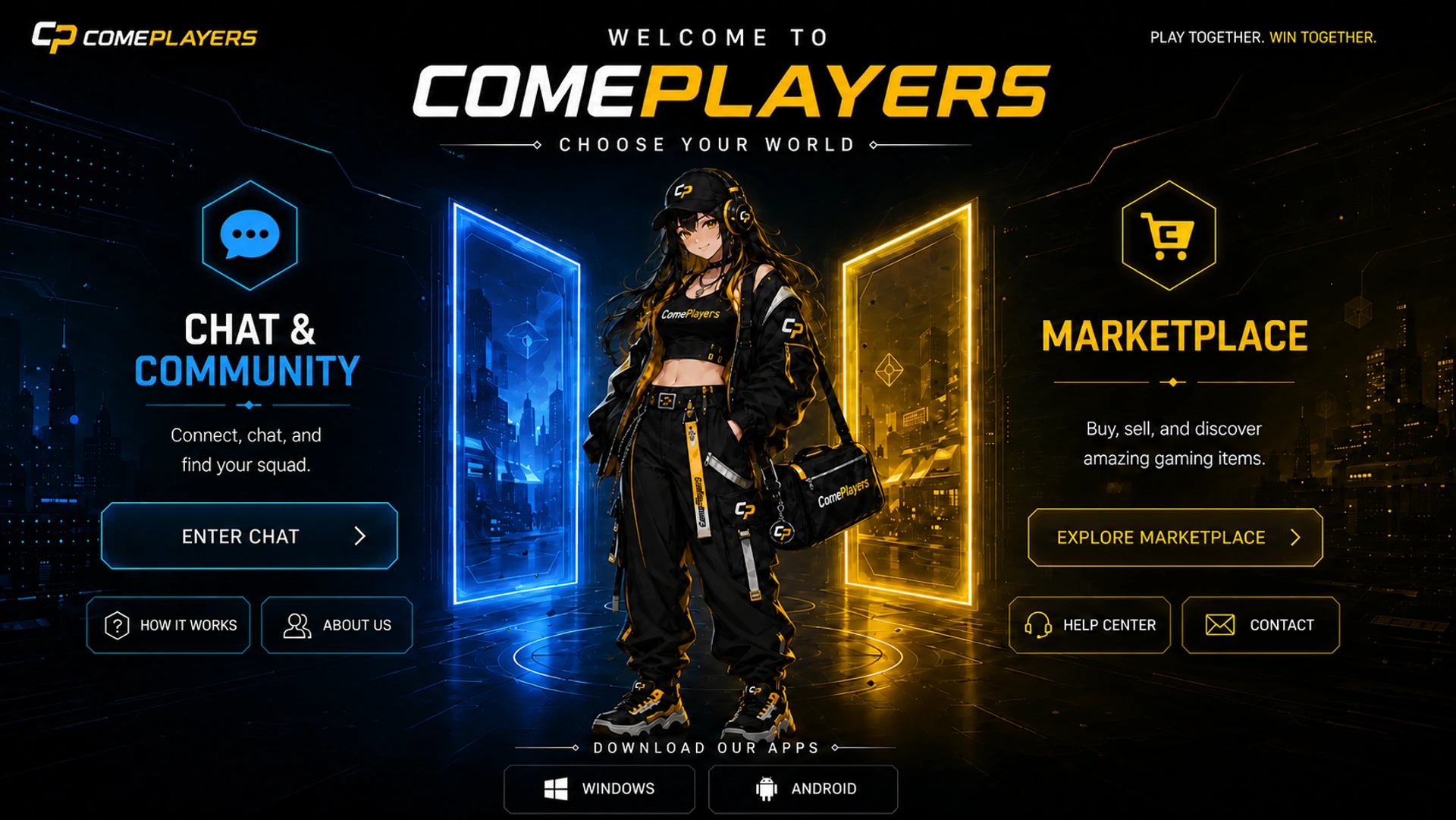 ComePlayers portal menu featuring the official Alexia between Chat and Community and Marketplace